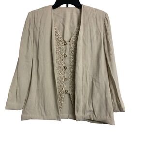 Vintage Beige Crinkle Jacket Floral Embroidered Vest Minimalist
